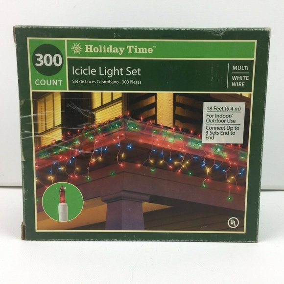 Holiday Time 300 Christmas 18 Ft Multicolor Bulbs White Wire Icicle Light Set - Picture 2 of 8